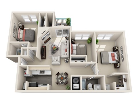 3 bed 2 bath floor plan at Hunters Chase Apartments, Virginia,23112